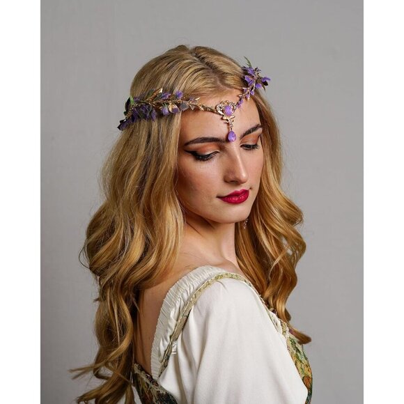 Purple Flower Elf Crown Woodland Fairy Headpiece Renaissance Cosplay Women main image 6